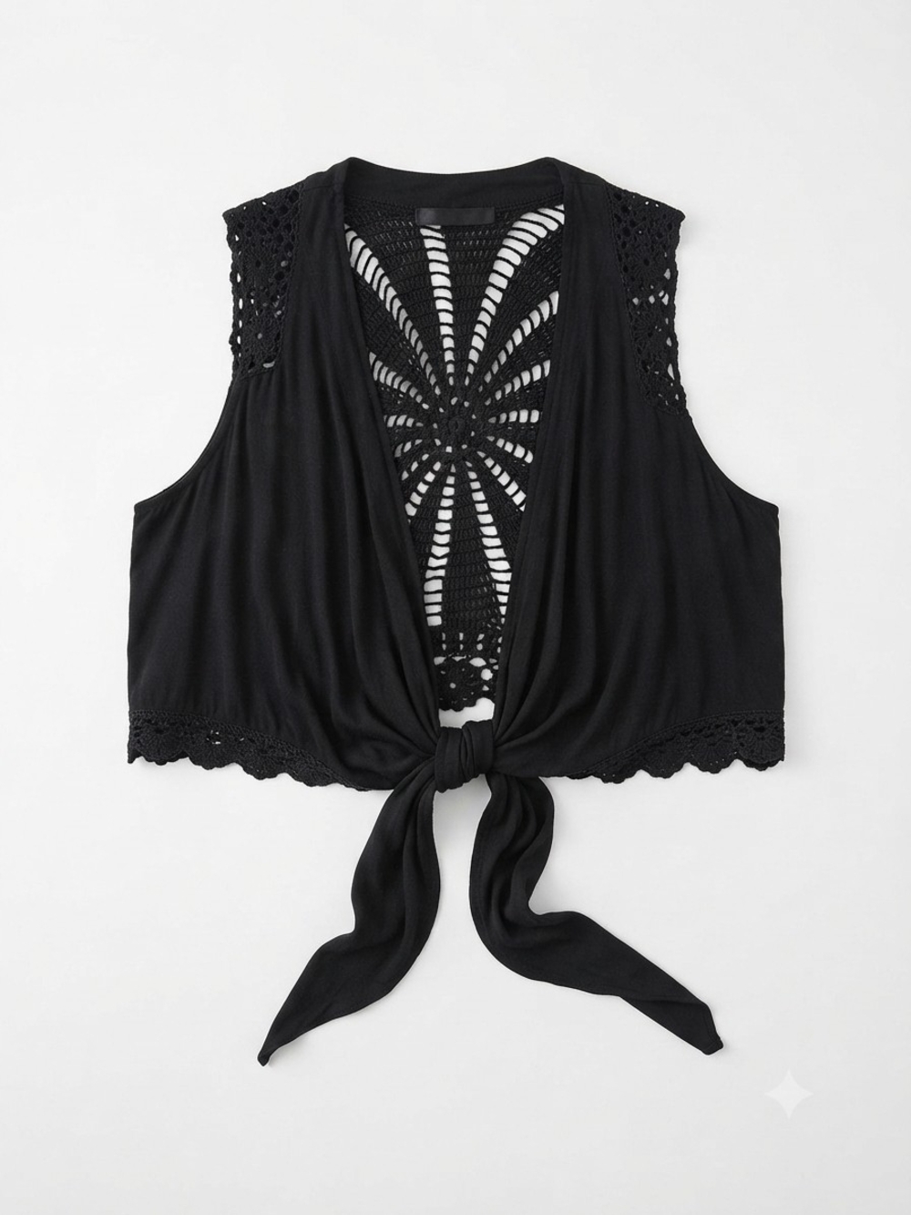 Black Crochet-Back Tie-Front Swim Cover-Up